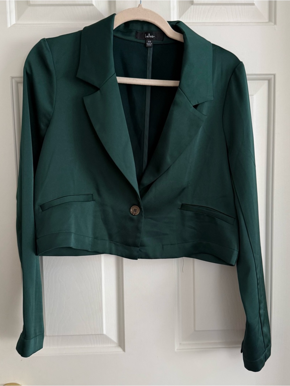 Lulus Emerald Green Satin Cropped One-Button Blazer XS